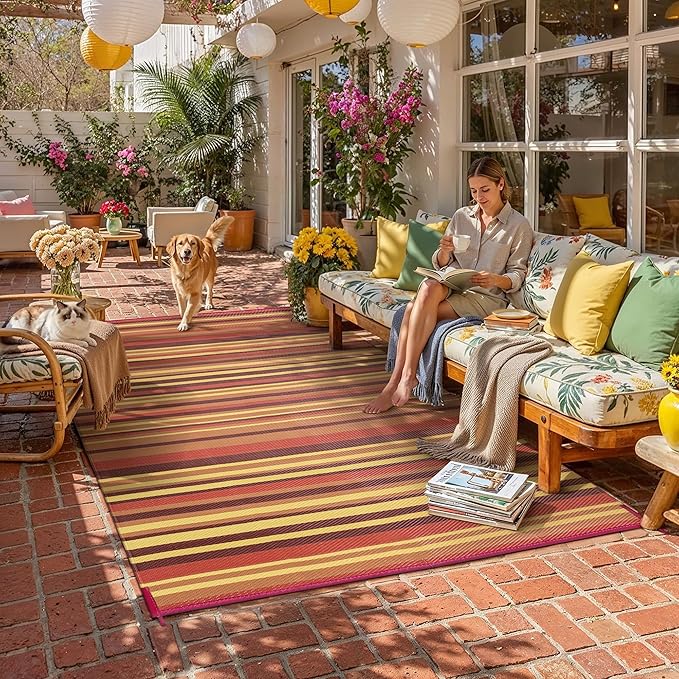 Outdoor Plastic Straw Rug Waterproof Patio 9x12 Red Orange Stripe Mat - Image 2
