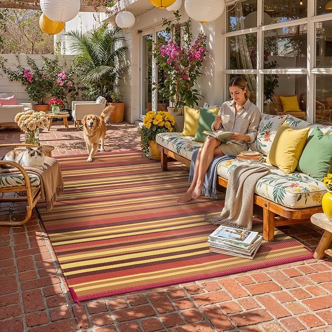 Outdoor Plastic Straw Rug Waterproof Patio 9x18 Red Orange Stripe Mat - Image 2