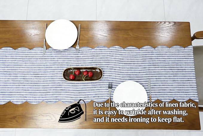 100% Natural Linen Rustic Scalloped Embroidery Table Runner 60 Inches, Linen - Image 3