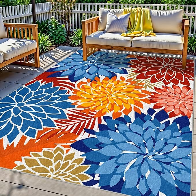 Colorful 5x8 Outdoor Area Rug Washable Multicolored Patio Rug Tropical by ArenaRug