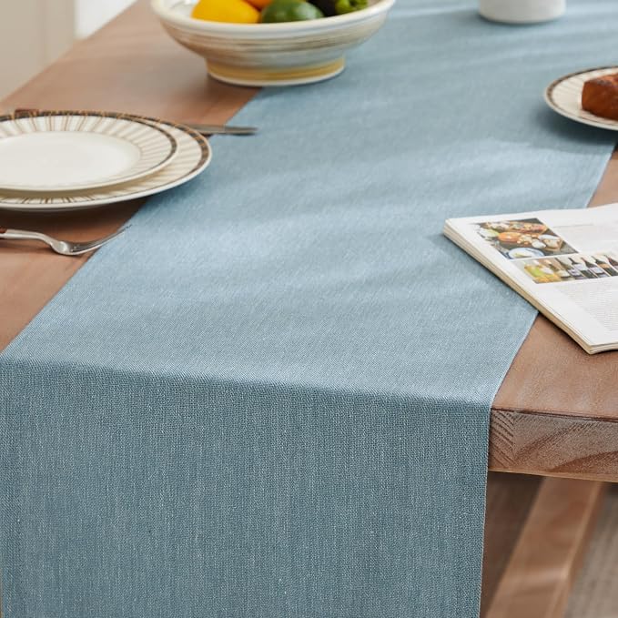 Rustic Cotton Linen Table Runner, 13x36 Inches River Blue | Farmhouse Style - Image 3