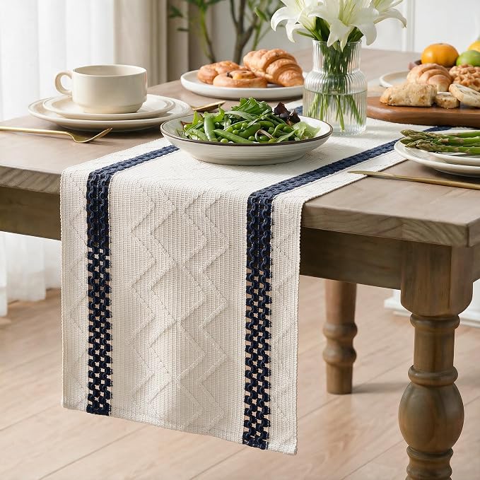 Artoid Mode Dark Blue Stripe Woven Rustic Table Runner 12x120 Inch | Holiday - Image 3
