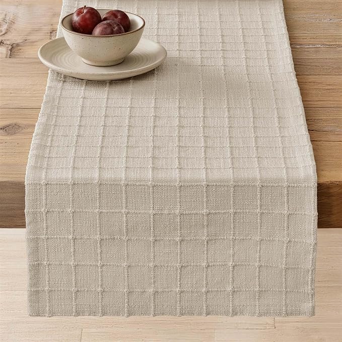 Artisanal Grid Linen Table Runner, 13x48 Inches Neutral Beige | Heavy Textured by ZEEMARTONLINE