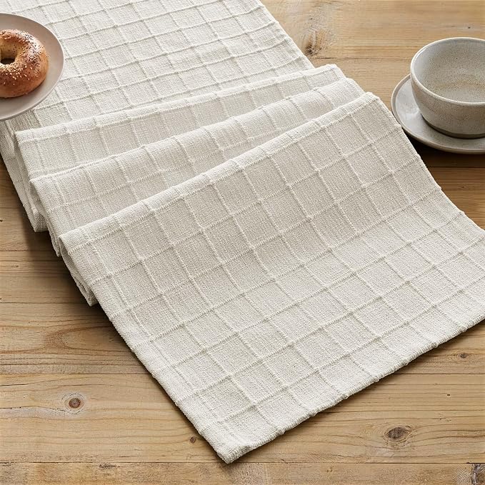 Artisanal Grid Linen Table Runner, 13x72 Inches Ivory | Heavy Textured - Image 2