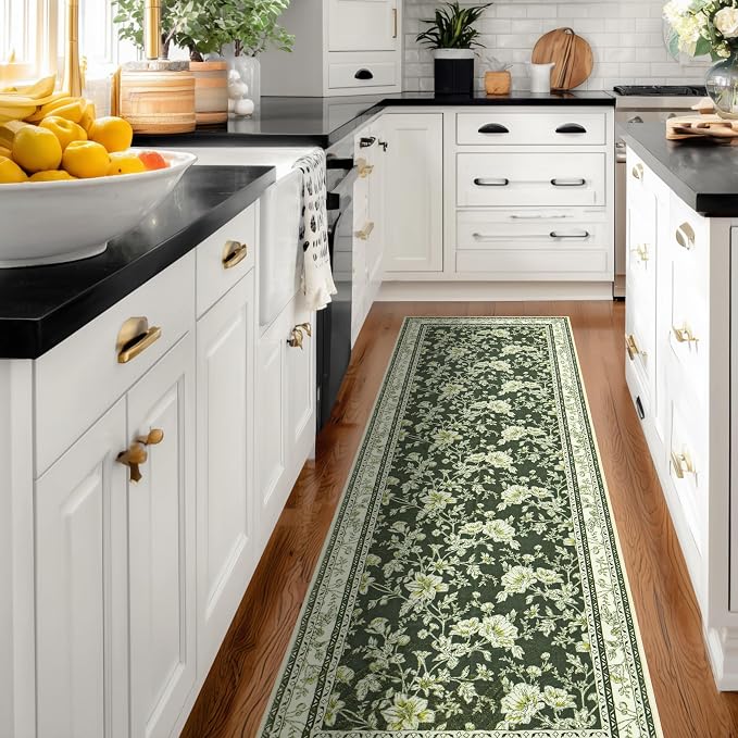 Olive Green Floral Print Area Rugs - Image 2