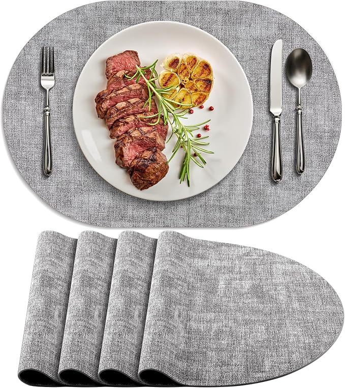 Placemats for Dining Table Set of 4 Non-Slip, Heat Resistant Oval Leather by Delicateandelegantplacemats