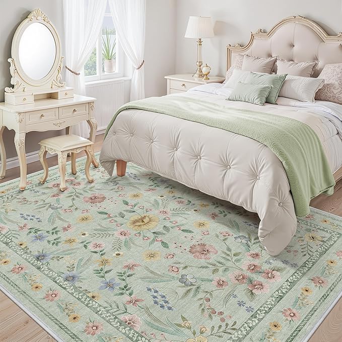 Green Floral Rug for Girls, 5x7 Washable Botanical Bedroom Rug for Nursery - Image 2