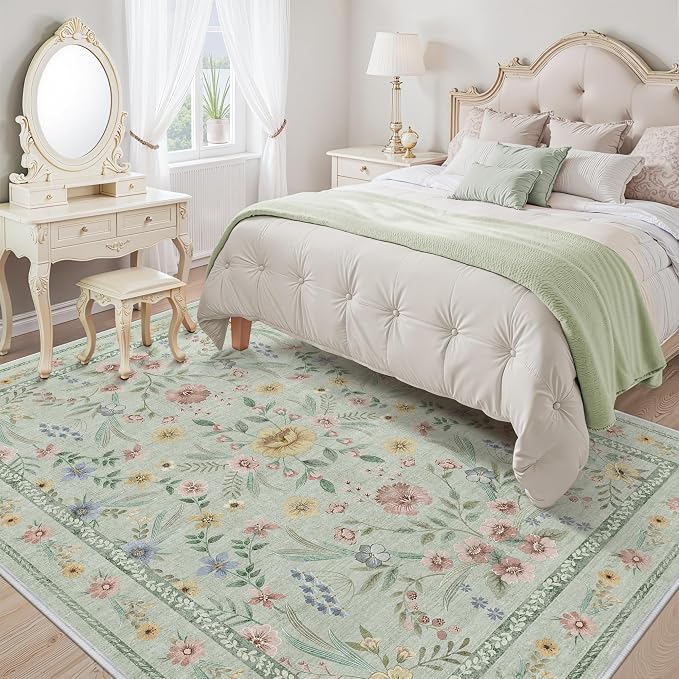 Green Floral Washable Area Rug 8x10 – Large Vintage Boho Non-Slip Carpet - Image 2