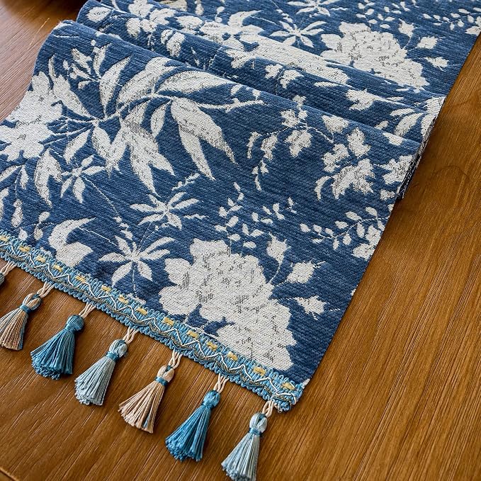 Floral Botanical Jacquard Small Table Runner Blue 13 x 48 Inch | Jacquard Flower - Image 5