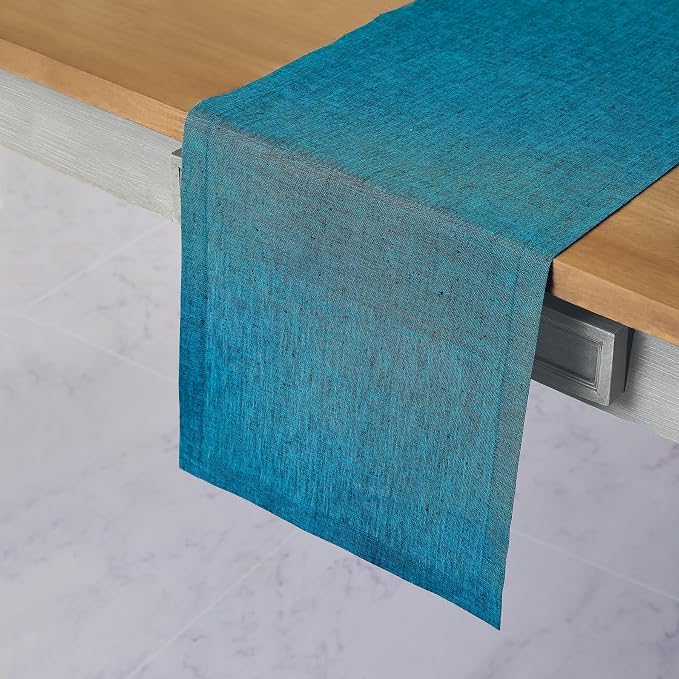 Solino Home 100% Pure Linen Dining Table Runner Teal, Athena 14 x 60 in | Table - Image 2