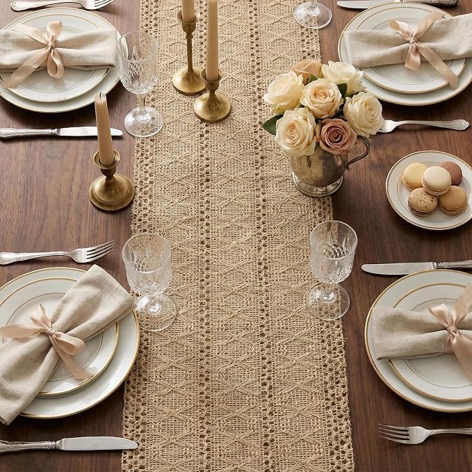 Burlap Boho Table Runner Macrame Brown 90in Farmhouse Woven Runner | Burlap - Image 8
