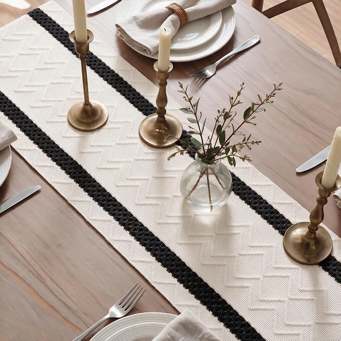 Artoid Mode Black Stripe Woven Rustic Table Runner 12x72 Inch | Holiday Kitchen - Image 4