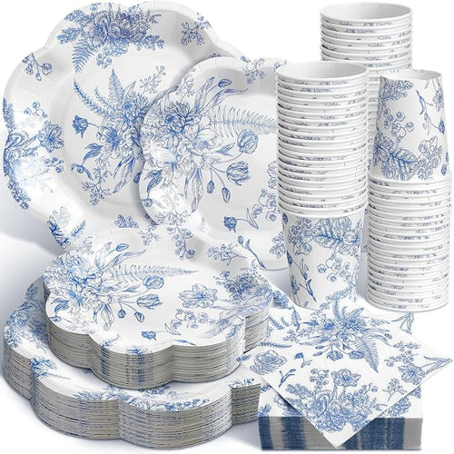 250 Pcs Blue Floral Disposable Paper Plate Napkins | Disposable Tableware by Newtay