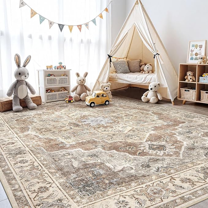 10x14 Washable Area Rug: Vintage Neutral Soft Non Slip Thin Large Floor Carpet - Image 8