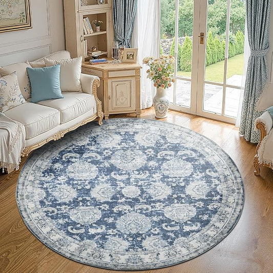 jinchan Round Rug 7ft Area Rug - Dark Blue Vintage Floor Mat Kitchen Indoor Ultra-Thin Soft Floral Print - Washable Circle 7' Retro Accent for Farmhouse Non Slip Dining Room Living Room Bedroom Office