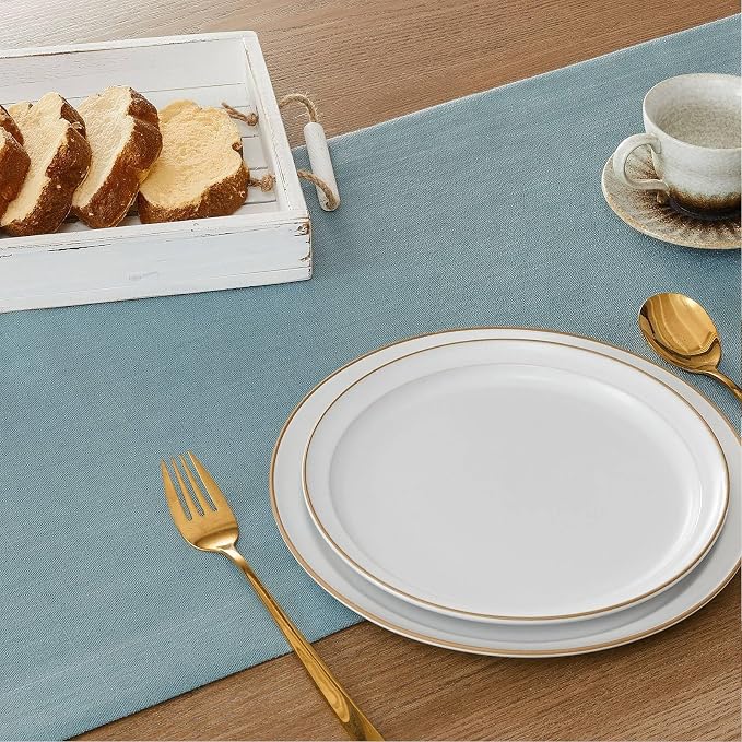 Linen Textured Border Table Runner, 14 x 36 Inch Blue | Mitered Corner Design - Image 5