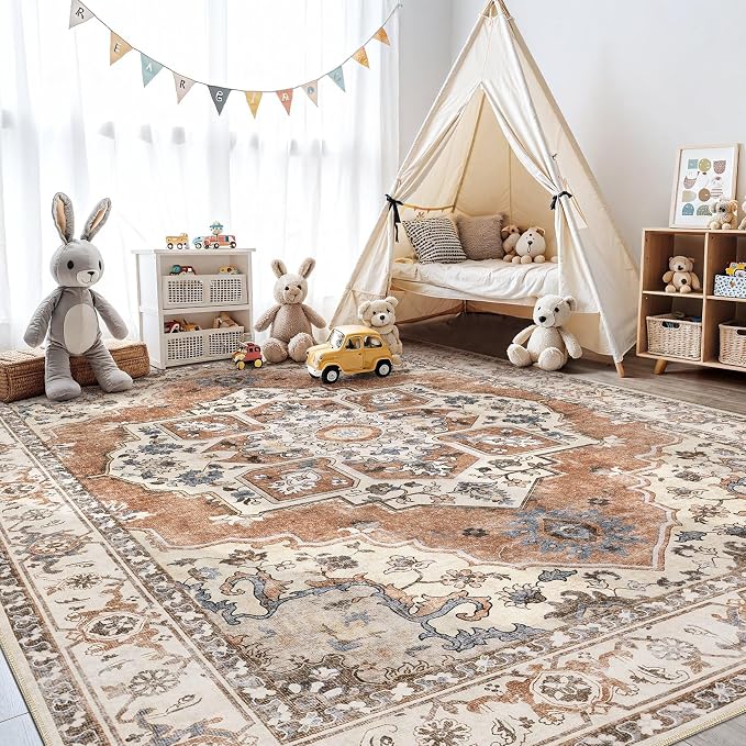 8x10 Washable Area Rug: Vintage Neutral Soft Non Slip Thin Large Floor Carpet - Image 8