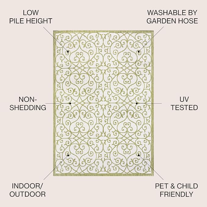 JONATHAN Y Vintage Filigree Indoor Outdoor Area Rug 8X10 Green/Cream, Madrid - Image 3