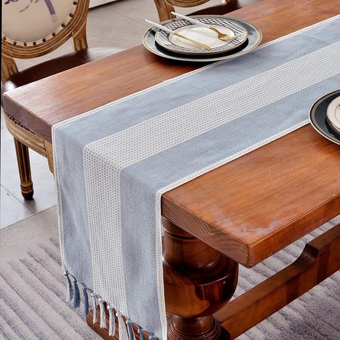 Wracra Linen Table Runner, Stripe Table Runners 48 Inches Long Blue | Delicate - Image 5