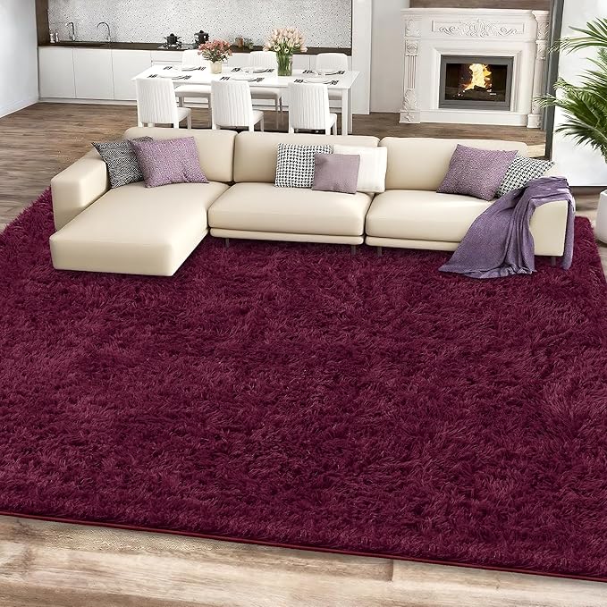 8x10 Burgundy Shag Area Rugs for Living Room, Large Fluffy Shaggy Rug for by Unknown