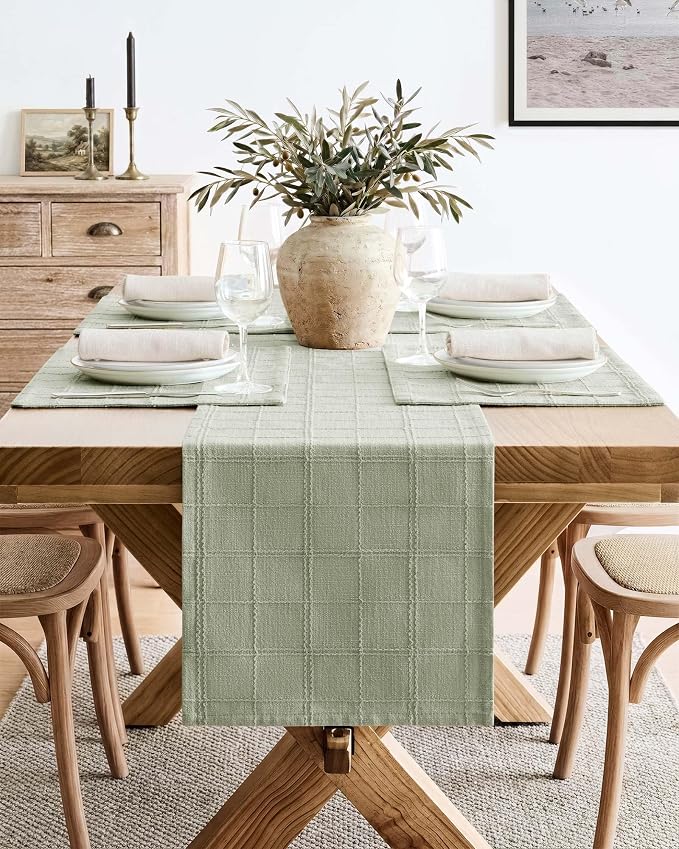 Linen Checked Farmhouse Table Runner, 13x90 Inches Seeding Green | Raised Grid - Image 2