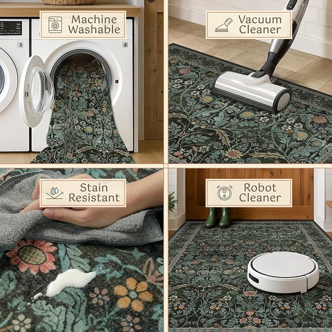 Washable Area Rug 9x12 Living Room, Ultra Soft Dark Floral Large Washable Rugs - Image 4