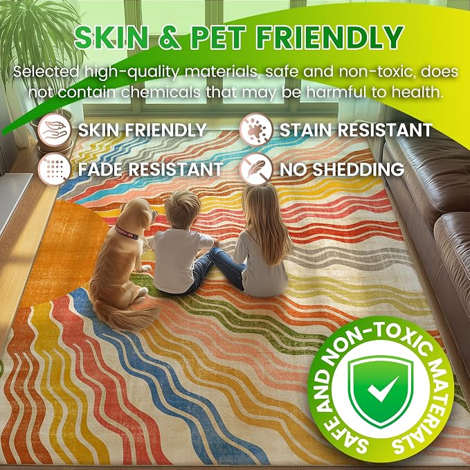 Washable 10x14 Sun Area Rug for Living Room, Rainbow Sun Modern Retro Large - Image 5