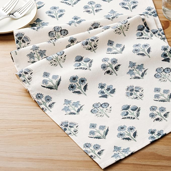 Block Print Floral Decorative Table Runners, 13x90 Inch Dusty Blue | 100% - Image 6