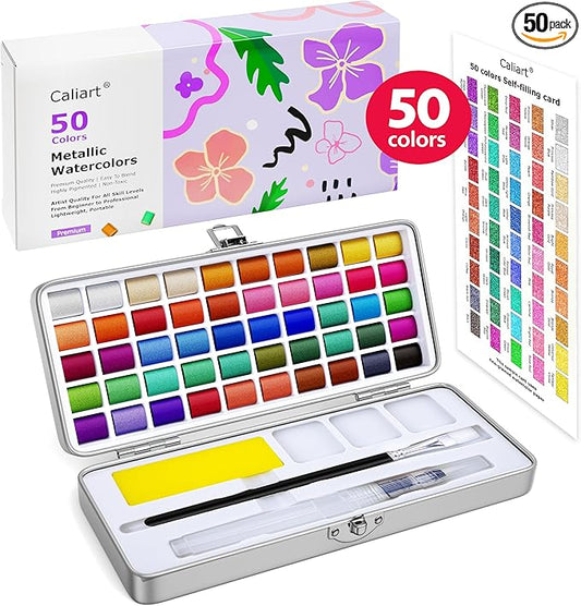 Caliart Metallic Watercolor Paints, 50 Colors Glitter Watercolors Set with 1 Brush, Portable Travel Painting Kit Gifts for Adults Artists Kids Teen Girls Boys Art Supplies