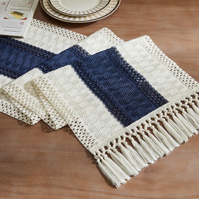 Macrame Style Bicolor Stitching Table Runner 14x72in Navy Blue | Woven Boho by ZEEMARTONLINE
