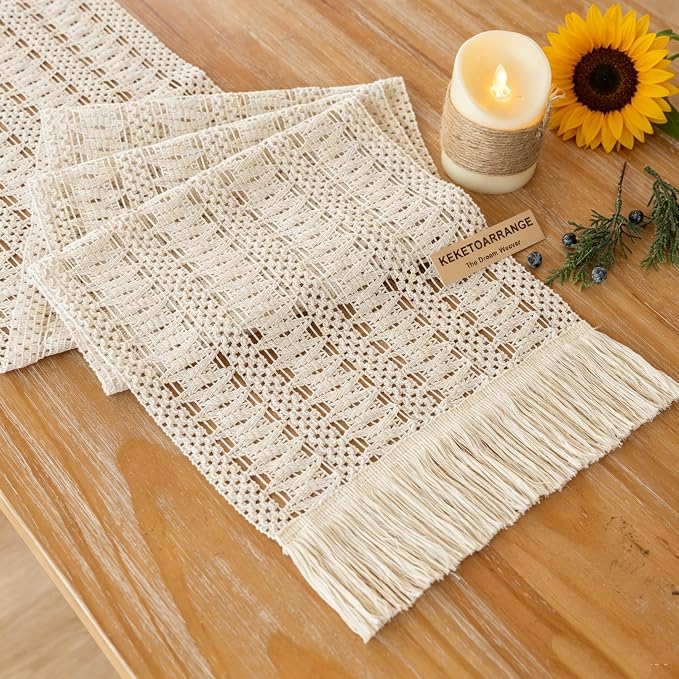 Keketoarrange Boho Macrame Table Runner 12x60 Inch | Woven Burlap Rustic Runner by KEKETOARRANGE