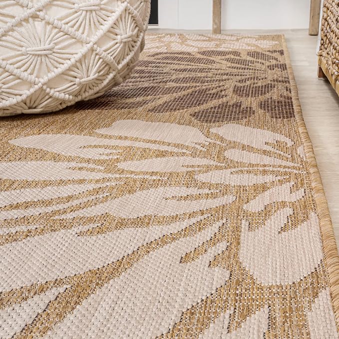 JONATHAN Y Floral Textured Weave Indoor Outdoor Round Area Rug 3 Ft Brown/Cream - Image 7