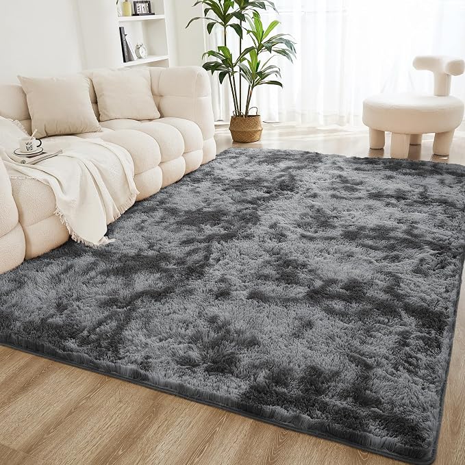 Litanika 4x6 Shag Area Rug for Living Room Bedroom, Tie-Dyed Dark Grey High by Litanika