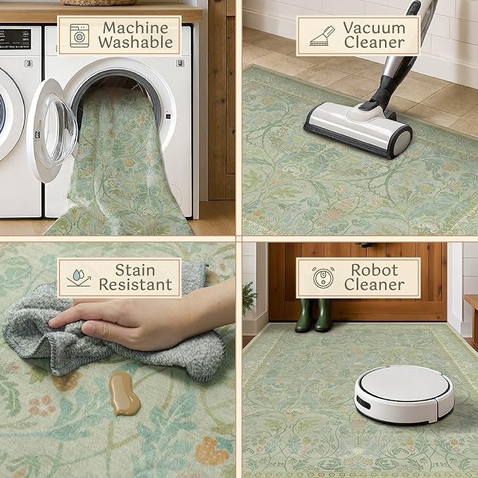 Sage Green 3x5 Area Rug for Entryway, Machine Washable Floral Large Door Mats - Image 4
