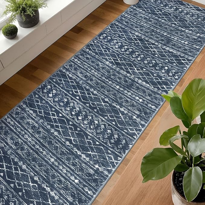 KUTA Boho Runner Rug for Hallway 2.6x16 Moroccan Washable Navy Blue Rugs - Image 3