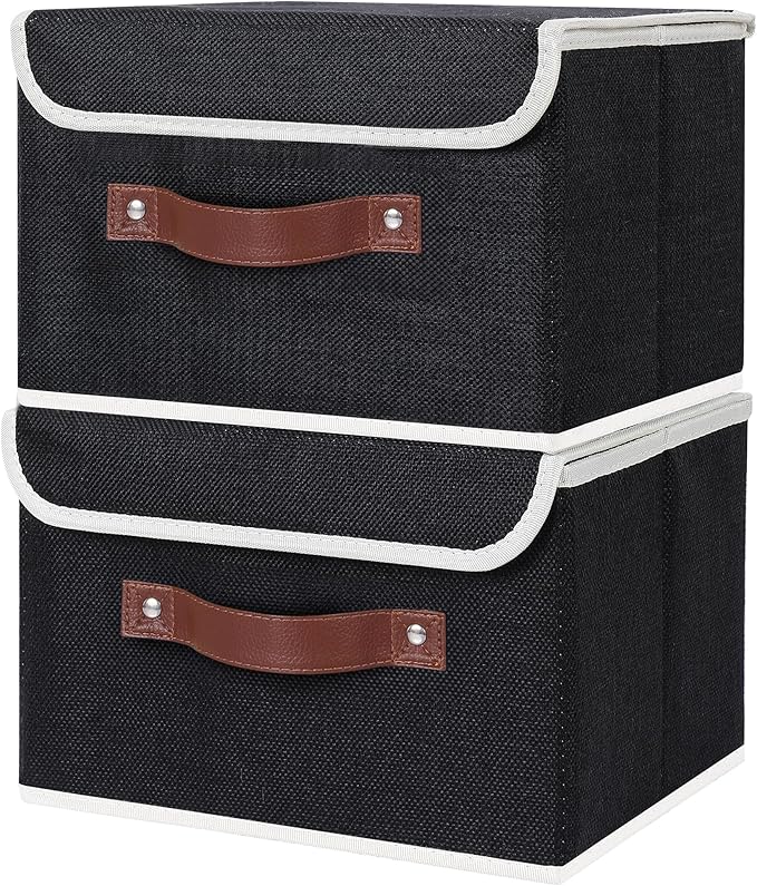 ANMINY 2PCS Storage Bins with Lid PU Leather Handles Storage Boxes PP Plastic Board Decorative Foldable Lidded Cotton Linen Fabric Home Cubes Baskets Closet Organizer Containers - Black, Small Size