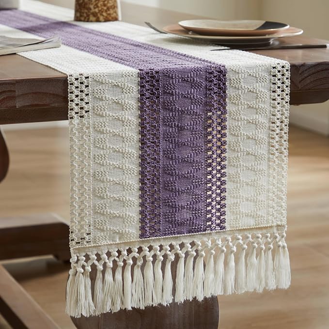 Macrame Style Bicolor Stitching Table Runner 14x90in Purple | Woven Boho Table - Image 7