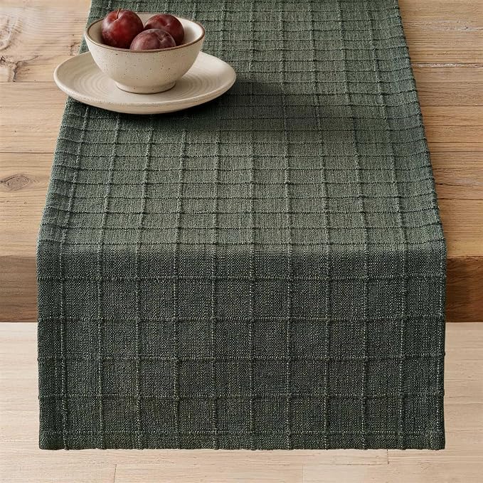 Artisanal Grid Linen Table Runner, 13x90 Inches Army Green | Heavy Textured by ZEEMARTONLINE