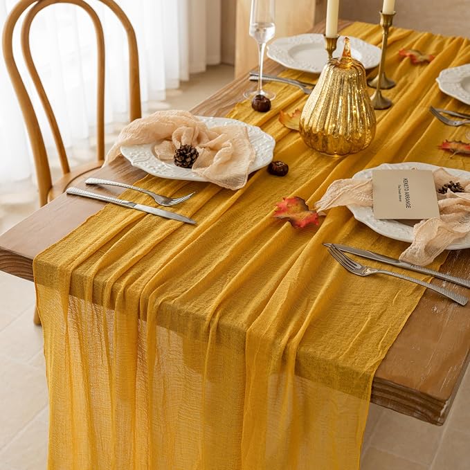 Fall Golden Cheesecloth Table Runner 120 Inch Party Home Decorations | - Image 5