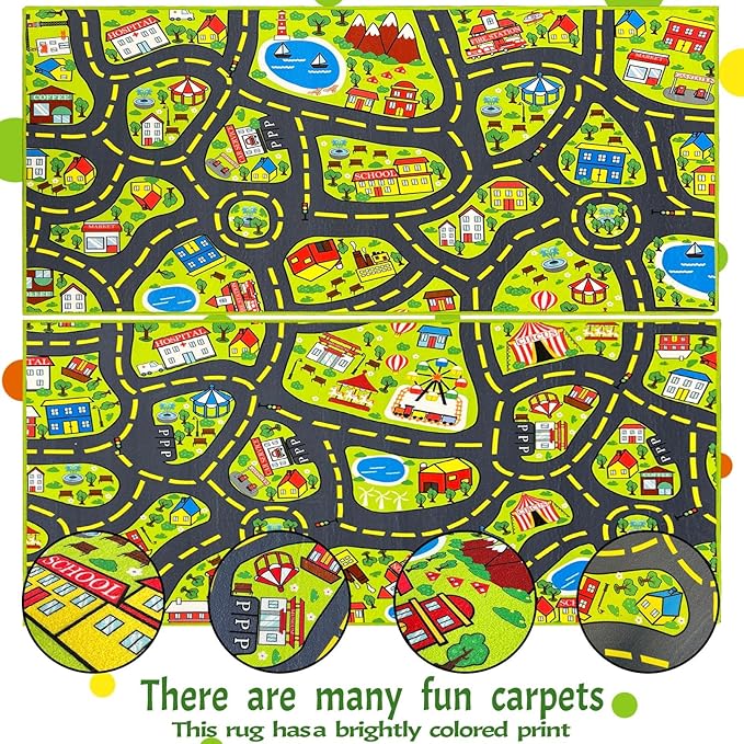Kids Car Rug Play Mat (2.6x5 Feet) x2pcs, City Road Track Rug for Kids Race Car Track Carpet & Educational