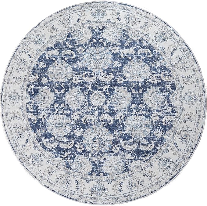 jinchan Round Rug 4ft Area Rugs Vintage Floral Distressed Design - Machine Washable Non-Slip Low-Pile Ultra-Thin Circle Rug for Entryway Bedside Living Room Dining Room Bedroom (4' Round,Dark Blue)