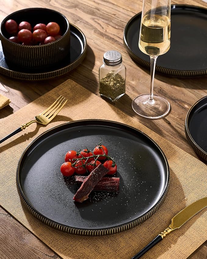 Ceramic Plates & Bowls Sets for 6, Handmade Reactive Glaze | Black Gold - Image 3
