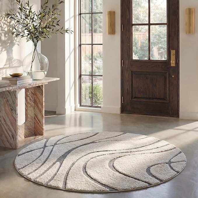 SAFAVIEH Florida Shag Collection 4' Round Cream/Grey SG471 Abstract Wave by Unknown