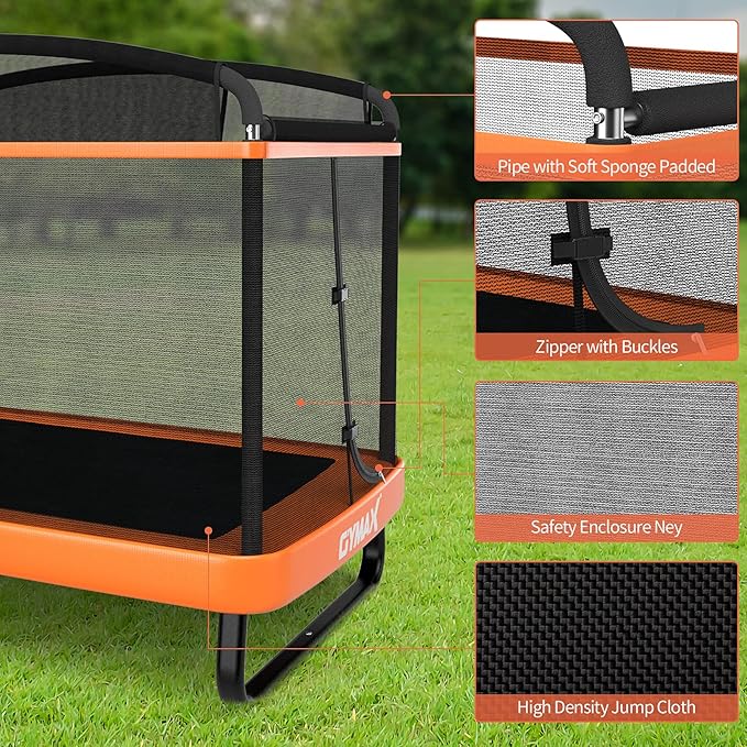 GYMAX Trampoline for Kids, 6FT Toddler Trampoline with Swing & Enclosure Safety Net, ASTM Approved Rectangle Recreational Trampoline for Indoor/Outdoor, Birthday for Baby Boys & Girls