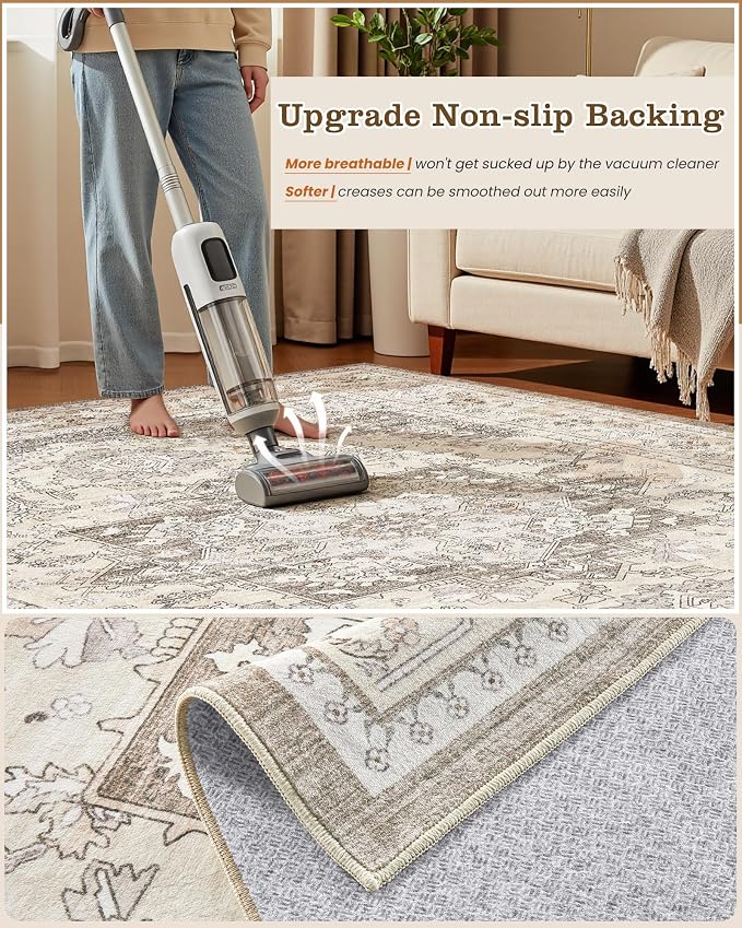 5x7 Vintage Area Rug: Washable Neutral Soft Non Slip Thin Large Floor Carpet - Image 5