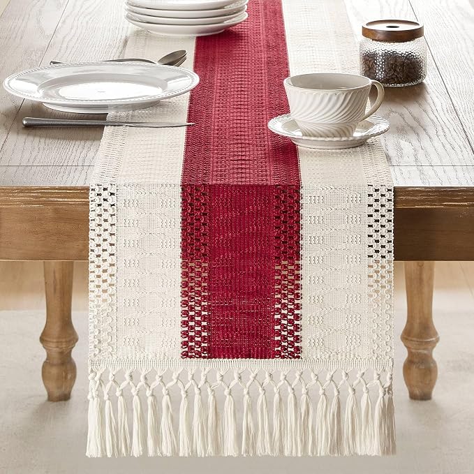 Macrame Style Bicolor Stitching Table Runner 14x48in Red | Woven Boho Table - Image 2