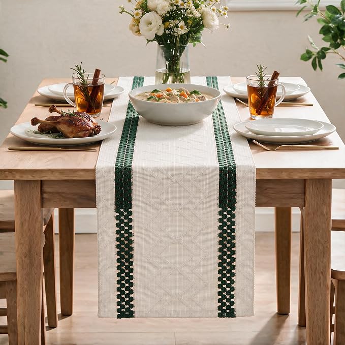 Artoid Mode Forest Green Stripe Woven Rustic Table Runner 12x120 Inch | Holiday - Image 2