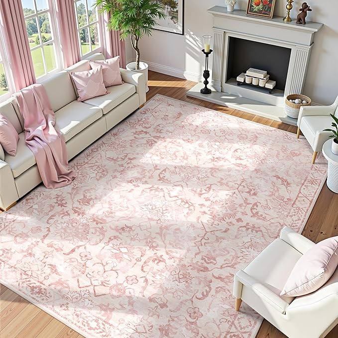 Deerly Pink Area Rugs 9x12 for Living Room Soft Non-Slip, Large Bedroom Rug Vintage Dining Room Rug Tribal Farmhouse Carpet for Dining Room Office Green