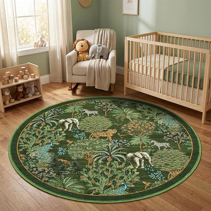 GarveeHome Jungle Round Washable Rugs 4ft Non-Slip Soft Round Rug by GarveeHome
