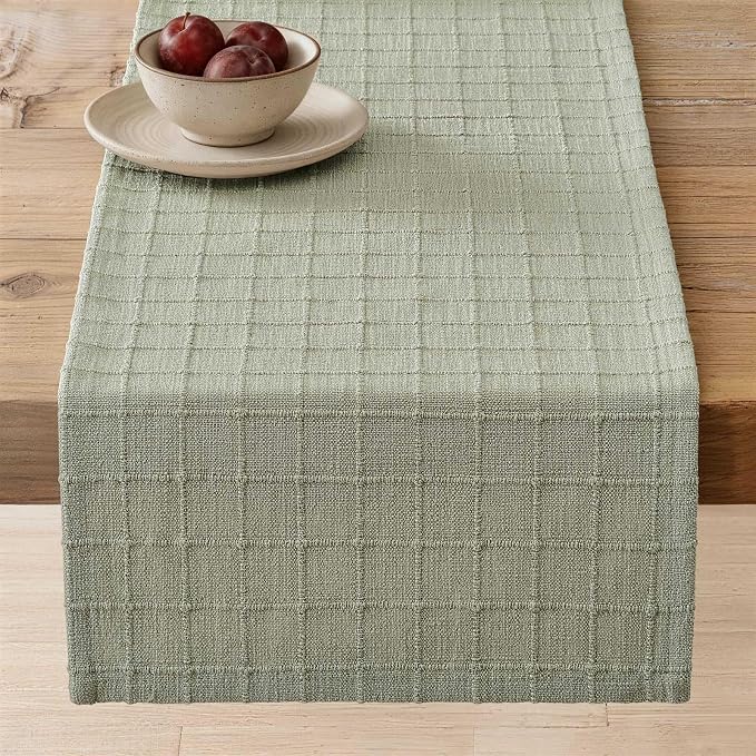 Artisanal Grid Linen Table Runner, 13x108 Inches Seeding Green | Heavy Textured by ZEEMARTONLINE